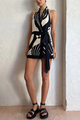 Unique Printed Open Back Waist Tie Holiday Mini Dress
