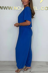 Solid Color V-neck Short-sleeved Waist-tied Loose Casual Jumpsuit