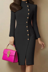 Solid Color Stand Collar Metal Button Slim Midi Dress