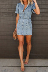 Ada Pocketed Single Breasted Belted Denim Mini Dress