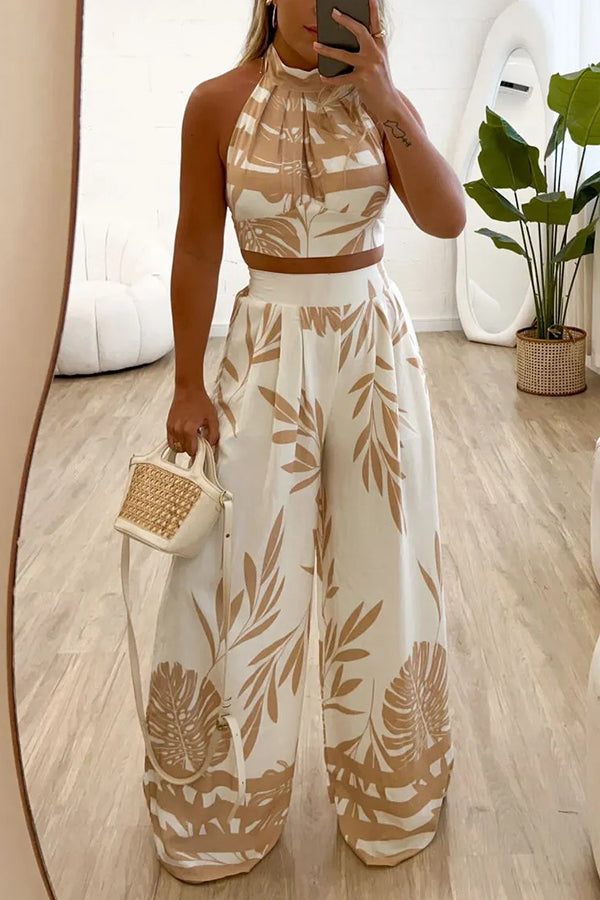 Botanical Print Halterneck Crop Top and Casual High-waist Wide-leg Pants Set