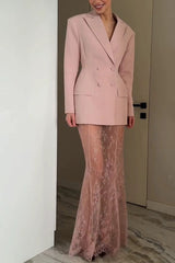 Solid Color Lapel Long Sleeve Waist Double-breasted Blazer