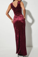 Solid Color Velvet Round Neck Sleeveless Slim Slit Maxi Dress