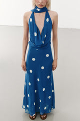 Fashion Polka Dot Print Sexy Halter Neck Backless Maxi Dress