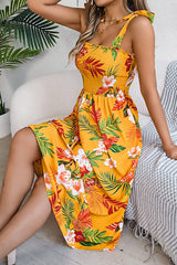 Plant Print Suspenders Pleated Holiday Beach Midi Dress