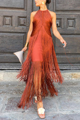 Fashion Sleeveless Halter Neck Elegant Tassel Slim Maxi Dress