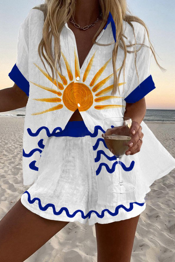 Sunrise Print Loose Button Elastic Waist Shorts Set