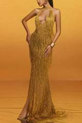 Glimmer Hour Shiny Layered Tassels Halter Cutout Neck Split Maxi Dress