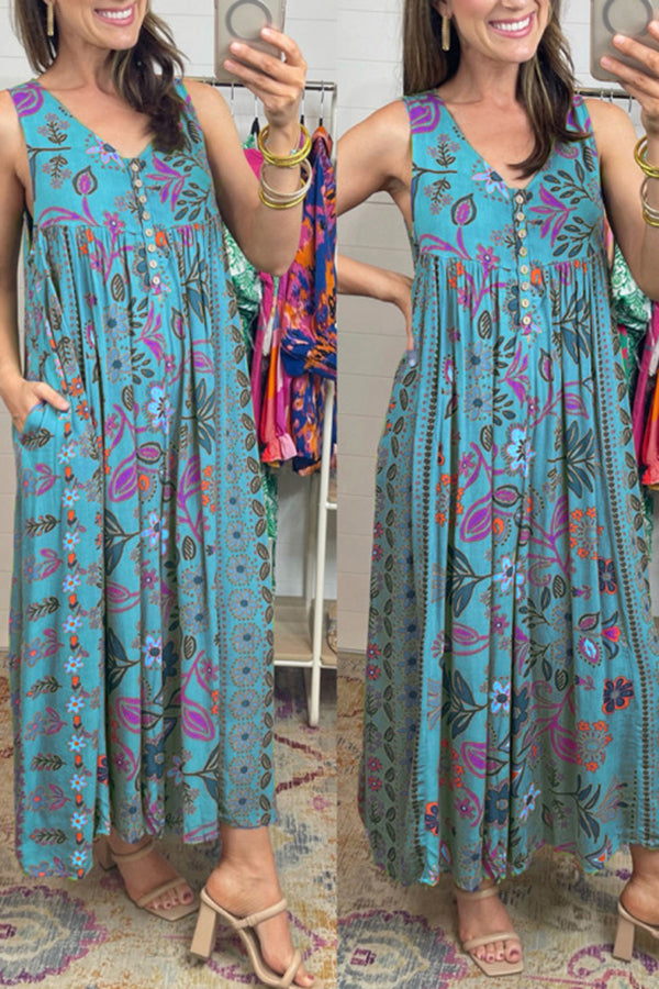 Vintage Boho Floral Print Pocketed Loose Jumpsuit