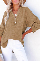 Solid Color Long Sleeve Pleated Button Loose Top