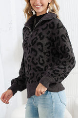 Casual Animal Print Zipped Collared Sweater