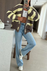 Fashionable Patchwork Striped Casual Pocket Knitted Sweater