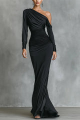 Solid Color One-shoulder Long-sleeved Slim-fit Pleated Maxi Dress