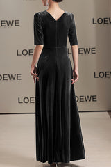 Solid Color Velvet V-neck Fitted Waist Short Sleeve Elegant Maxi Dress