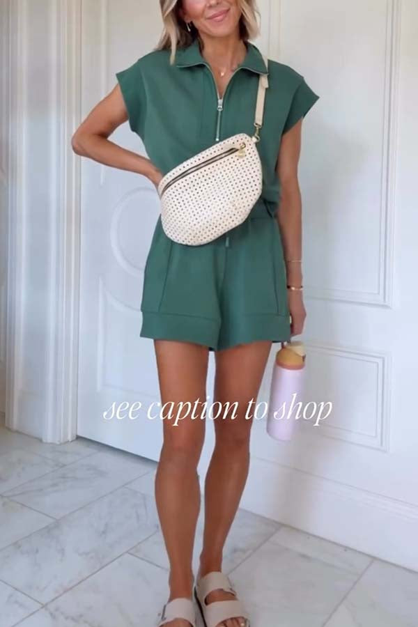 Buttery Touch Half-Zip Short Sleeve Sweatshirt and Elastic Waist Pocket Casual Shorts Set