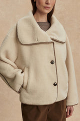 Romane Faux Fleece Fabric Contrast Trim Long Sleeve Knitted Pocket Lapel Loose Jacket