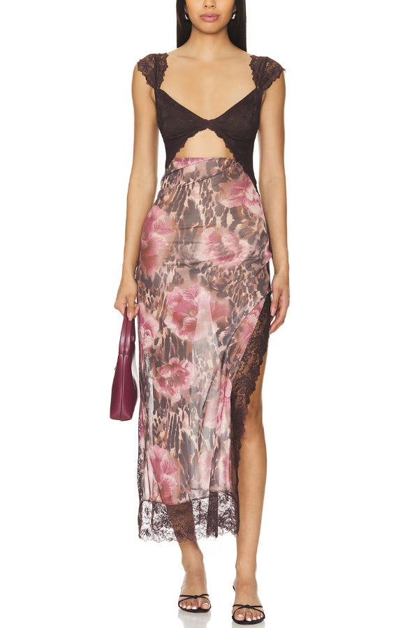 Floral Print Lace Patchwork Hollow-out Slim-fit Midi Dress