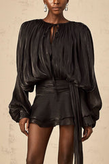 Solid Color Long-sleeved Belted Asymmetrical Mini Dress and Elastic Waist Casual Shorts Set