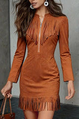Stylish Suede Tassel Long-sleeved Slim-fit Mini Dress