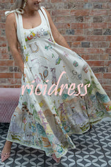Euro Summer View Linen Blend Unique Print Tie-up Straps Pocket Midi Dress
