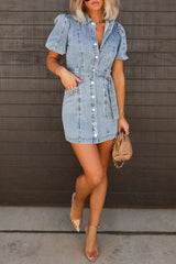 Ada Pocketed Single Breasted Belted Denim Mini Dress