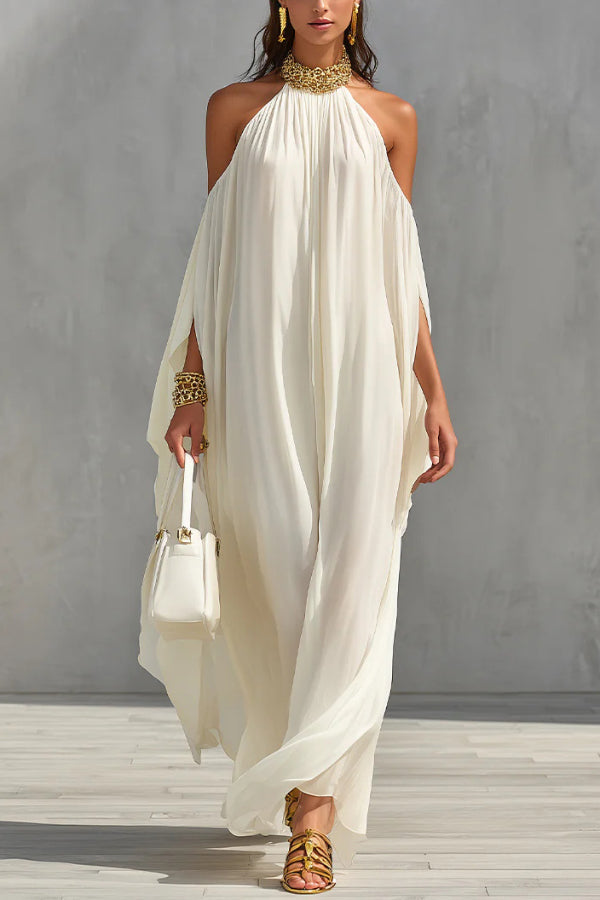Fashionable Chiffon Metal Halter Neck Off-shoulder Elegant Loose-fitting Holiday Maxi Dress