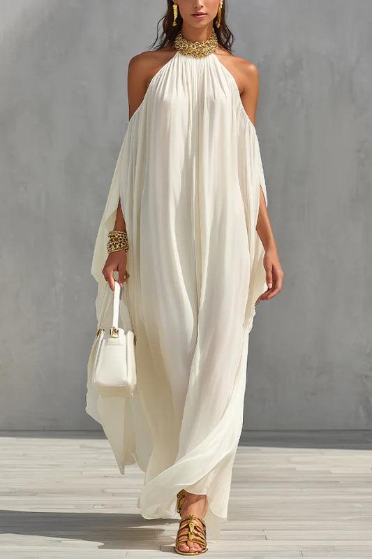 Fashionable Chiffon Metal Halter Neck Off-shoulder Elegant Loose-fitting Holiday Maxi Dress