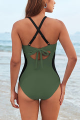 Stylish Halter Neck Hollow-out Spliced elastic One-piece Swimsuit