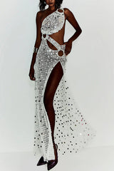 Sunshine Baby Knit Hollow Out Sequin One Shoulder Ring Detl Slit Cover-up Maxi Dress