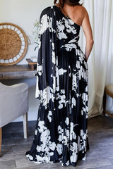 Slay The Evening Pleated Floral Pattern One Shoulder Drape Maxi Dress