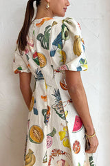 Summer Dream Linen Blend Tropical Fruit Print Puff Sleeve Midi Dress