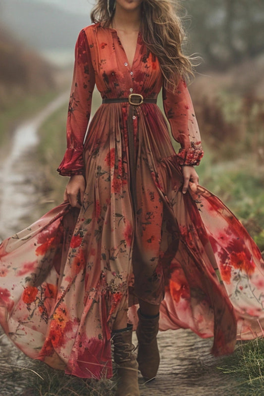 Floral Print V-neck Long-sleeved Fitted Waist Vacation Maxi Dress