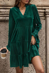 Solid Color Velvet V-Neck Long Sleeve Elegant Loose Mini Dress
