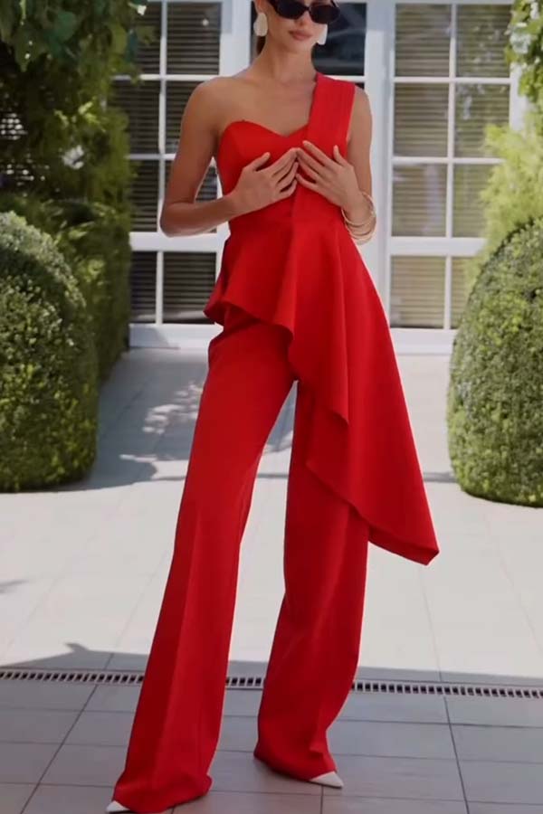 Amena One Shoulder Sweetheart Neck Ruffle Hem Top and Elastic Waist Pocket Wide Leg Pants Set