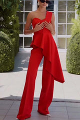 Amena One Shoulder Sweetheart Neck Ruffle Hem Top and Elastic Waist Pocket Wide Leg Pants Set
