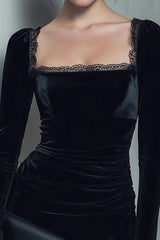 Elegant Velvet Lace-trimmed Square Neck Slim-fit Mini Dress