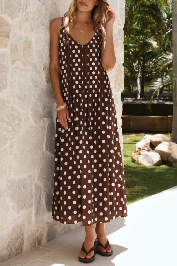 Polka Dot Print V-neck Pleated Casual Vacation Maxi Dress