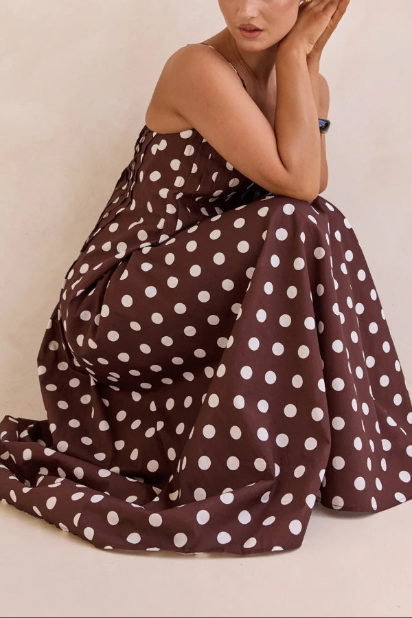 Polka Dot Print V-neck Pleated Casual Vacation Maxi Dress