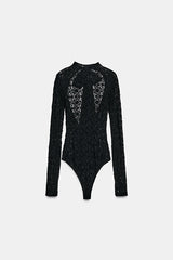 Anna Semi-sheer Lace Long Sleeve Back Bow Tie-up Cutout Stretch Bodysuit