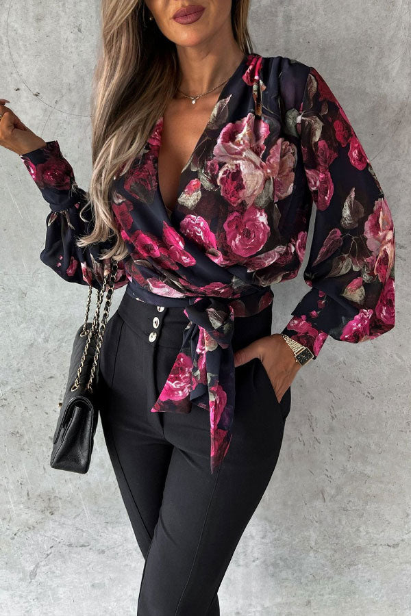 Se V-neck Print Tie Blouse