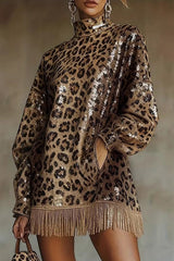 Stylish Leopard Print Sequined Turtleneck Long-sleeved Tassel Hem Loose Mini Dress