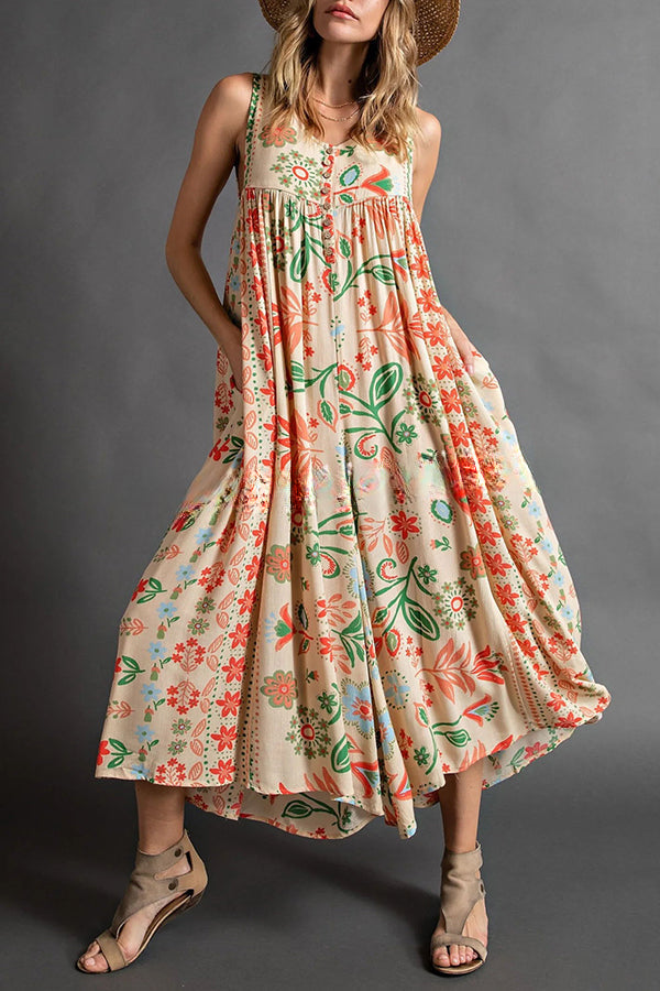 Vintage Boho Floral Print Pocketed Loose Jumpsuit
