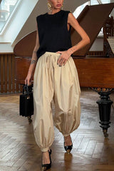 Solid Color Casual Pocket Elastic Waist Lantern Wide Leg Pants