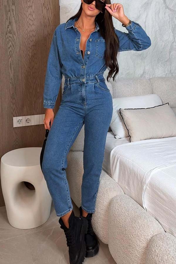 Downtown Diva Denim Button Up Long Sleeve Pocket Shirt Overalls Jumpsuit