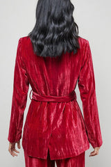 Solid Color Velvet Long-sleeved Waist Tie Top and Elastic Waist Casual Pocket Straight-leg Pants Set