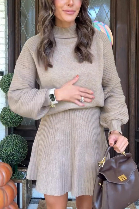 Solid Color Round Neck Puff Sleeve Loose Knit Sweater and Casual Striped Mini Skirt Set