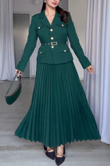 Solid Color Lapel Button Belt Blazer and Pleated Casual Maxi Skirt Set