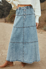 Fashion Elastic Waist Casual Patchwork Denim Maxi Skirt