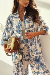 Linen Blend Botanical Print Loose-fitting Top and Elastic Waist Wide-leg Casual Pants Set