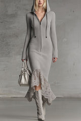 Solid Color Hooded Zip-up Long-sleeved Slim-fit Lace Hem Midi Dress